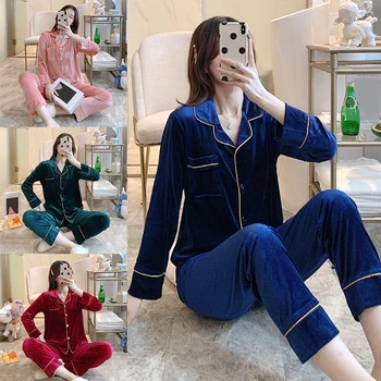 

Solid Color Warm Thicken Nightgown Homewear Coral Velvet Pleuche Pajama Winter Pajama Sets Nightwear Women's Sleepwear