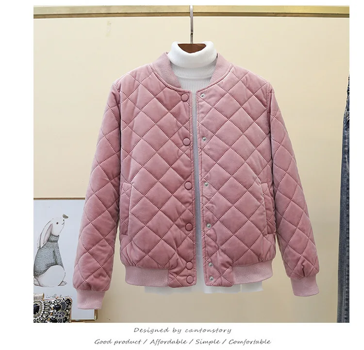 Корейский стиль короткая зимняя куртка женская Повседневная модная клетчатая черная розовая однотонная теплая уличная хлопковая парка с круглым вырезом пальто