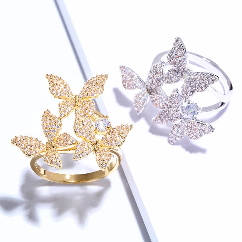 Роскошный бренд, три бабочки, кольца для женщин, белый кубический цирконий, обручальное кольцо, корейский стиль, ювелирные изделия
