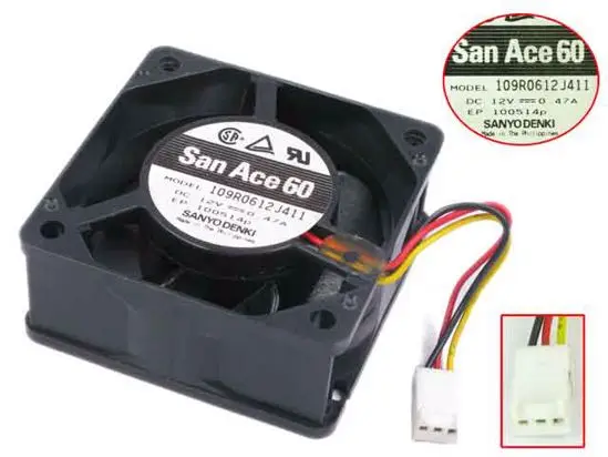 

3-проводной вентилятор для охлаждения сервера Sanyo Denki 109R0612J411 DC 12V 0.47A 60x60x25 мм