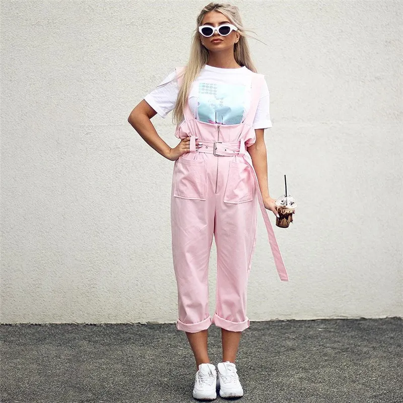 

Fashion 2018 Women Pink Sleeveless Straps Jumpsuit Casual Zipper Wide Leg Playsuit Loose Sashes Overall Romper