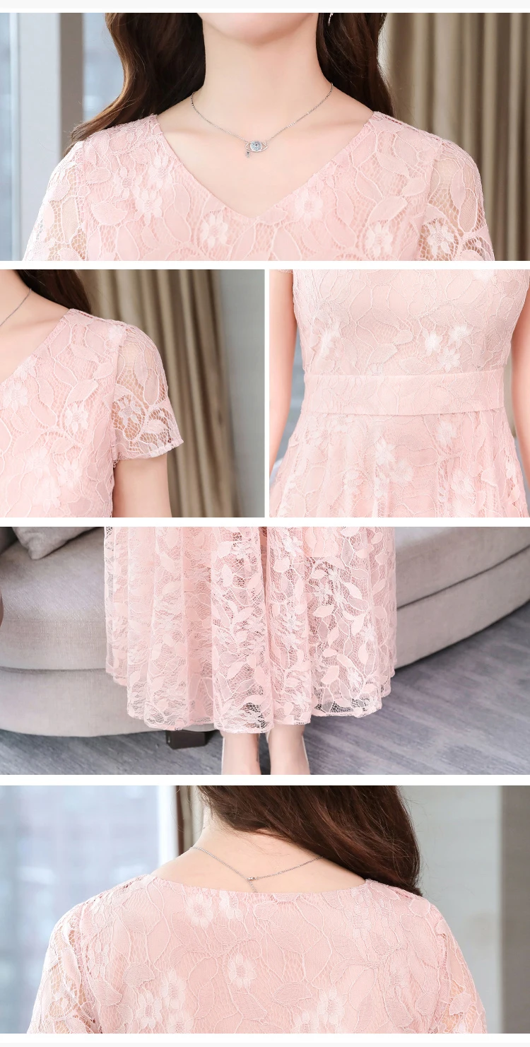 Elegant Sexy Lace Women Long Dress Summer new Casual Short Sleeve V-Neck Dress Solid color Hollow Out A-Line dress women's
