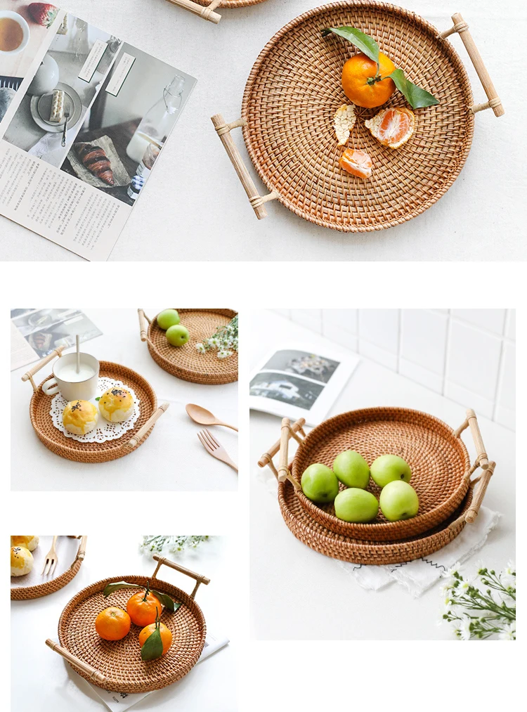 Handwoven Rattan Storage Tray With Wooden Handle Round Wicker Basket Bread Food Plate Fruit Cake Platter Dinner Serving Tray