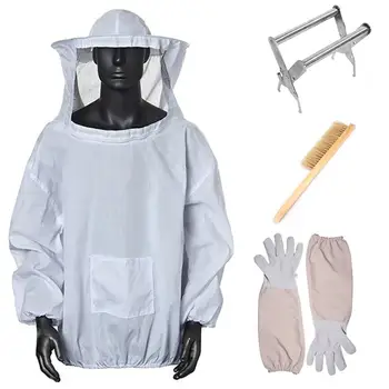 

4Pcs Set Beekeeping Jacket with Veil Beekeeper Jacket Gloves Bee Hive Brush and Bee Box Clip Breathable Material Comfortable