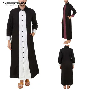 

Men Jubba Thobe Lapel Long Sleeve Muslim Islamic Kaftan Patchwork Button Robes Saudi Arabia Dubai Mens Thobe Abaya S-5XL INCERUN