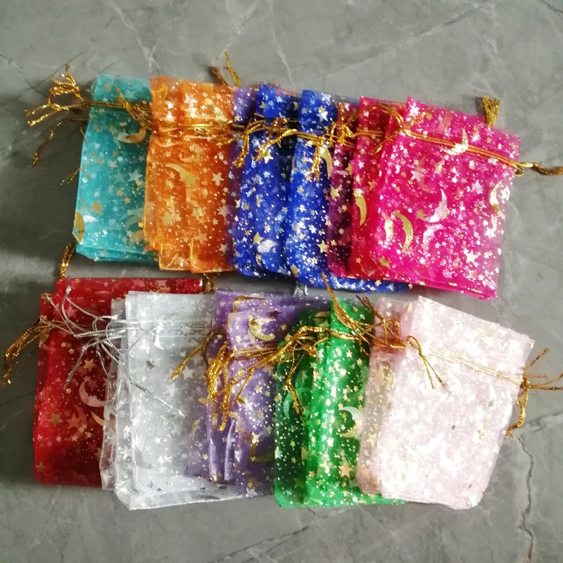 200pcs Stars Moon Jewelry Bags Organza Gift Bags for Business Packaging Jewelry Accessories Small Sachet Drawstring Storage Bag