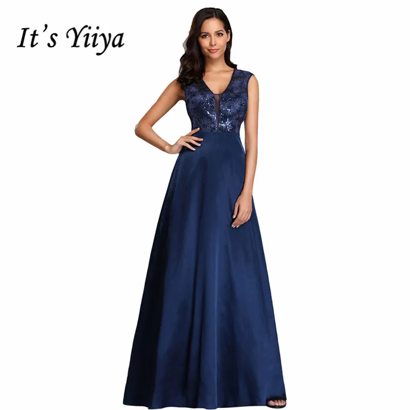 

It's Yiiya Evening Dress Elegant Sequin Lace Women Party Dresses Plus Size Hollow Robe De Soiree V-neck Formal Evening Gown C549