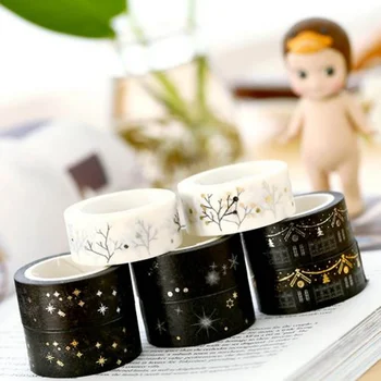 

Black Moon Stars Washi Paper Masking Tapes Gold Silver Stamping Decorative Adhesive Tape Scrapbooking Christmas Decor Gifts