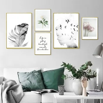 

Peony Rose Girl Silhouette Feather Wall Art Canvas Painting Nordic Posters And Prints Wall Pictures For Living Room Home Decor