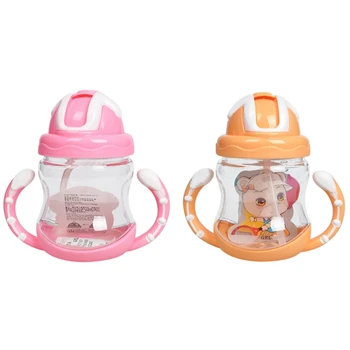

2x 320Ml Baby Bottle Kids Cup Silicone Cute Baby Drinking Water Straw Handle Feeding Bottle(Orange&Pink)