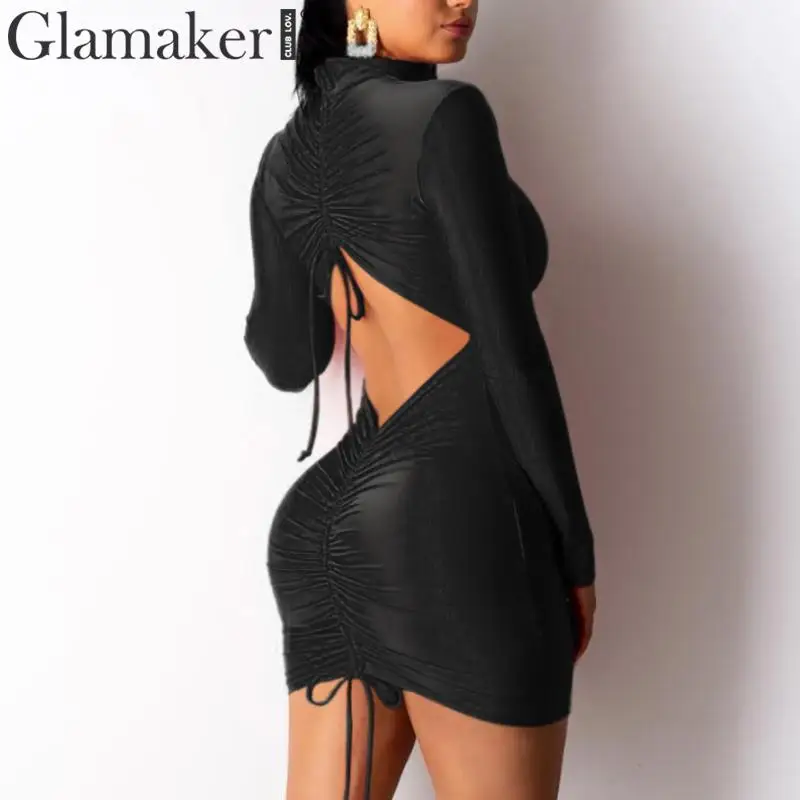 Glamaker, сексуальное облегающее платье на завязках, женское Плиссированное рождественское платье с длинным рукавом, элегантные вечерние платья, модное Клубное платье