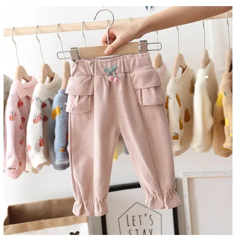 Fashion Autumn Baby Girls Kids Pants Cherry Ruffles Casual Trousers Infants Children Clothes Princess Long Pant - Цвет: pink