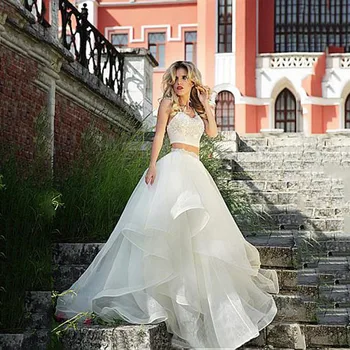 

Wedding Dresses Turkey 2020 Two piece Backless Beach Bridal Dress Organza Lace Appliques Boho Wedding Gowns vestido de noiva