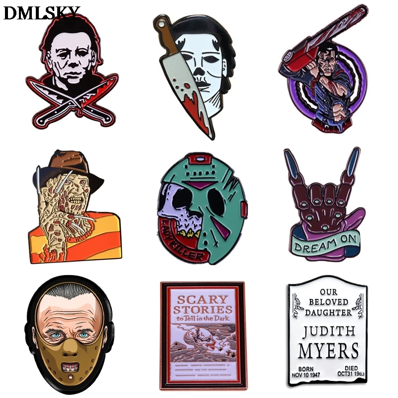 DMLSKY Horror Movie Series Metal Enamel Pins Killer Figure Brooches for Women Men Lapel Pin Backpack Hat Badge Gifts M4406 | Украшения и