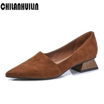 

new 2020 women shoes suede leather pumps pointed toe square heel sexy high heel shoes woman party wedding pumps plus size 34-43