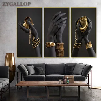 

Canvas Print Black Women Hands and Gold Jewelry Poster African Art Oil Painting On the Wall Large Wall Pictures For Living Room