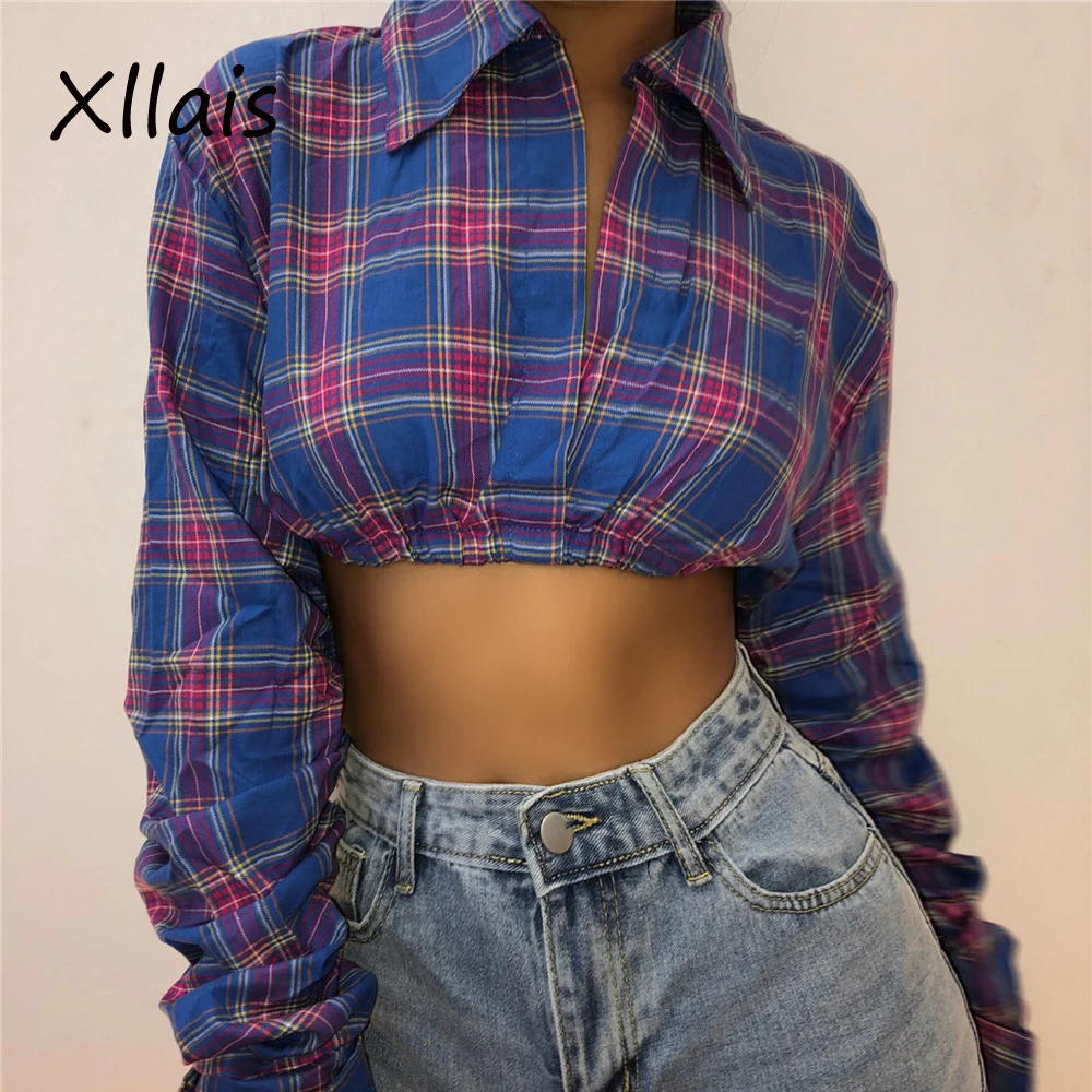 Xllais, английский стиль, женская клетчатая рубашка, длинный рукав, обрезка, сексуальная, элегантная рубашка, женская, академическая рубашка
