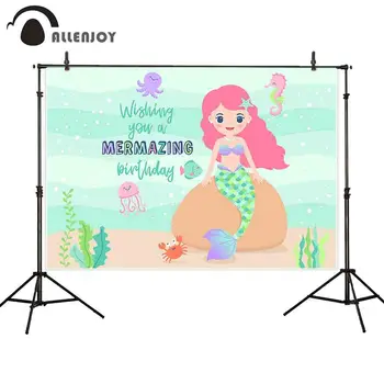 

Allenjoy Birthday Party Decoration Ocean Mermaid Seahorse Octopus Backdrop with Phrases Summer Baby Shower Photobooth Background