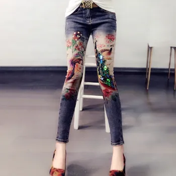 

2019 New 3D Printing Boyfriend Jeans Brand Woman Sequined Denim Harem Pencil Pants Stretch Pants Women Beading Jeans Plus Size
