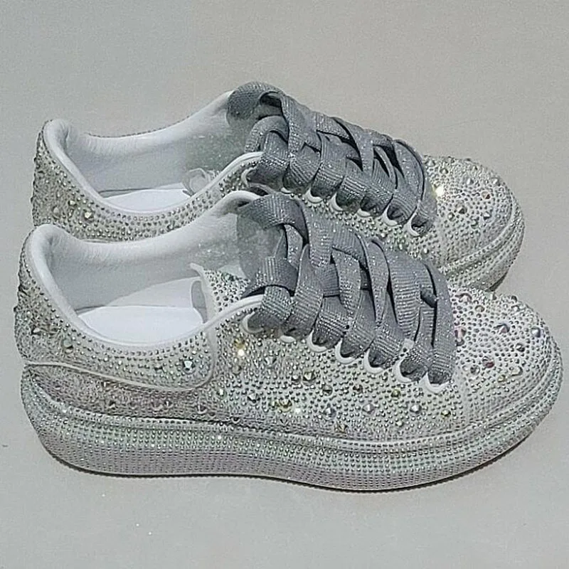 

Women Lace Up Sneakers Glitter 2020 Autumn Flats Ladies Bling Casual Female Fashion Platform Plus Size Shoes Rhinestones BB-97