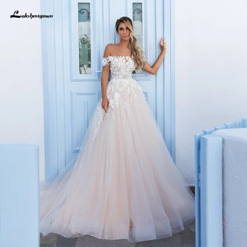 

Floral Lace Champagne Bridal Dress Wedding Gowns Off the Shoulder Elegant Tulle Long Train A Line Wedding Dresses 2020 New Style