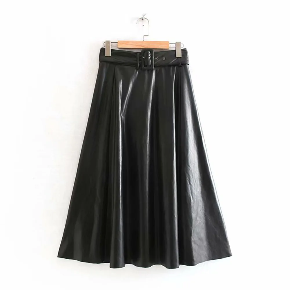 Woman Leather PU Skirt Causal Loose Black Autumn Fall A Line Long Midi Skirt Elegant Fashion Ladies Women High Waist Skirt