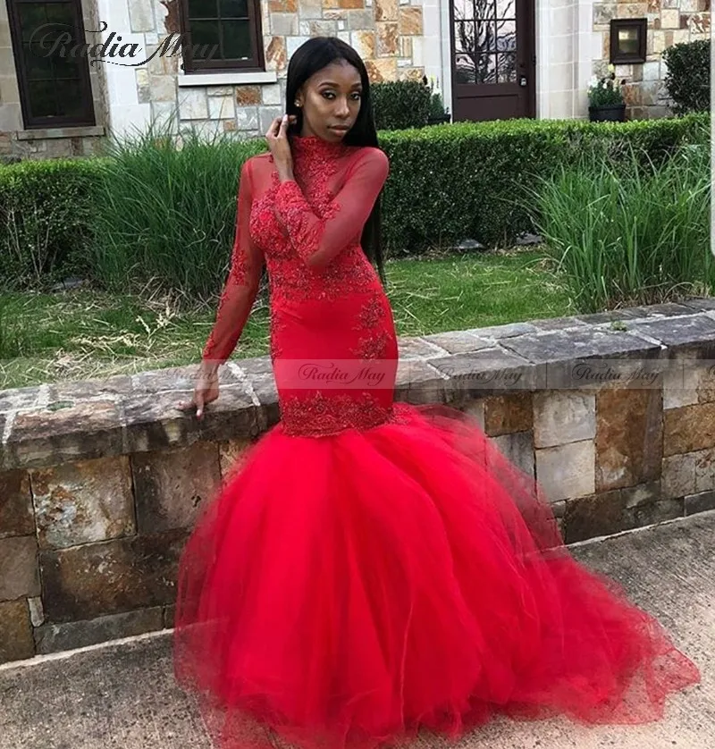 Sexy See Through Long Sleeve Mermaid Prom Dresses For Black Girls High Neck Lace Beaded Evening Dress With Long Train Gowns