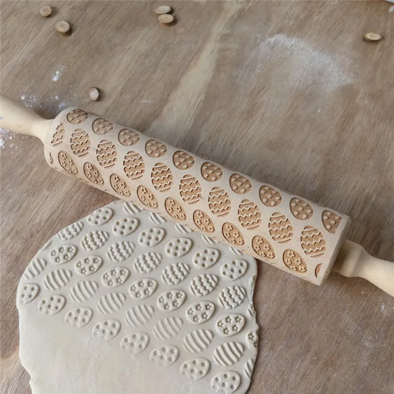 

Christmas DIY Cooking Tools Wooden Embossing Kitchen Rolling Cookies Fondant Cake Patterned Flower Tool