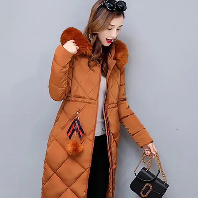 caramel colour Женское пуховое пальто Новая женская куртка пальто модные зимние куртки Женский длинный пуховик размера плюс с капюшоном Повседневная хлопковая верхняя одежда - Цвет: caramel colour
