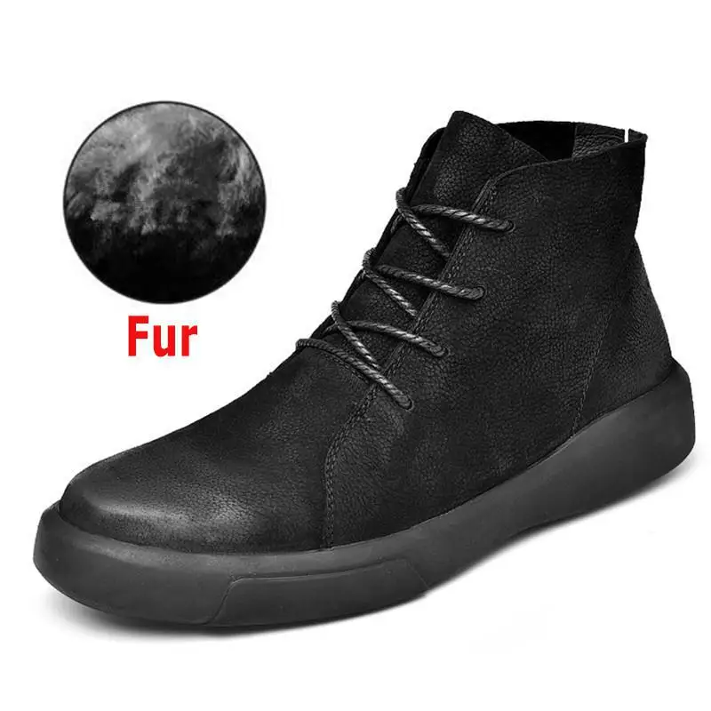 Brand Winter Men Snow Boots Ankle Boots Man Genuine Leather Plush Warm Men Motorcycle Boots Autumn Outdoor Man Shoes Size 37-47 - Цвет: Fur black