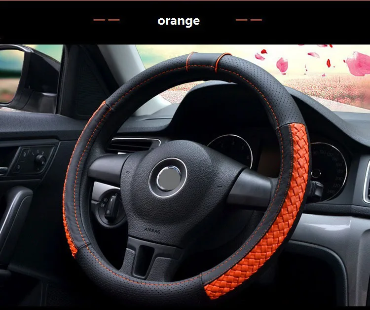 Автомобильный чехол на руль с оплеткой из плетеной кожи, розовый, красный, синий, золотой, 35, 36, 37, 38 см, диаметр 14 дюймов, 15 дюймов, чехлы на руль, автомобильные аксессуары - Название цвета: 35-36cm  ORANGE