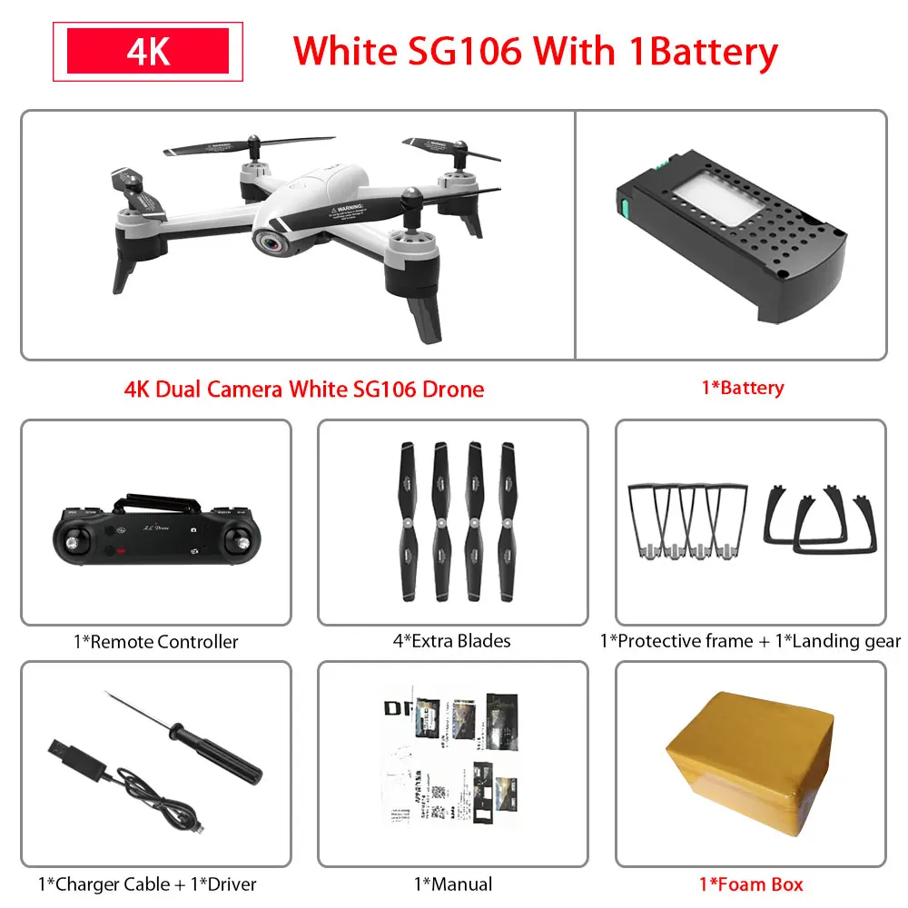 SG106 WiFi FPV RC Дрон 4K камера оптический поток 1080P HD Двойная камера дроны антенна видео RC Квадрокоптер самолет VS SJRC F11 Дрон - Цвет: 4K White 1B FB