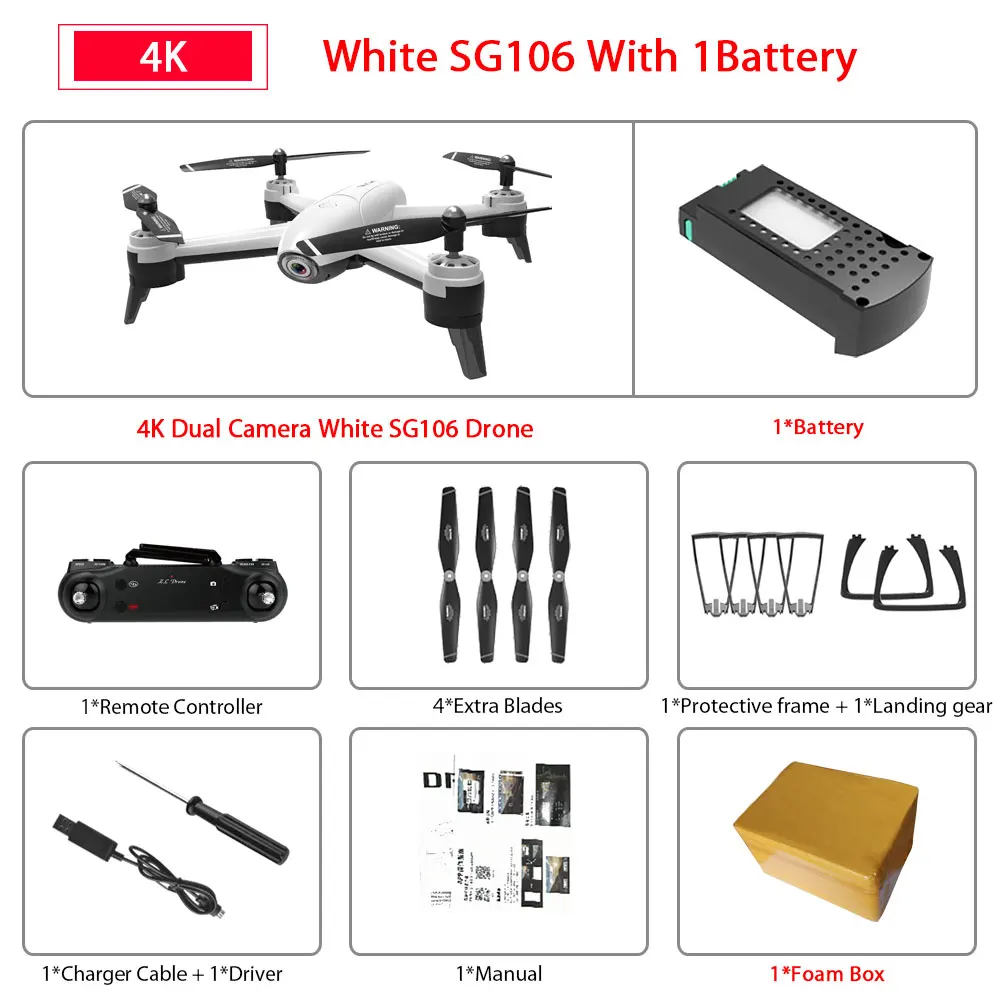 4K White 1B FB SG106 WiFi FPV RC Дрон 4K камера оптический поток 1080P HD Двойная камера дроны антенна видео RC Квадрокоптер самолет VS SJRC F11 Дрон - Цвет: 4K White 1B FB
