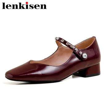 

Lenkisen summer Mary janes hot sale cow leather square toe med heel shoes women rhinestone young lady dress shallow pumps L88