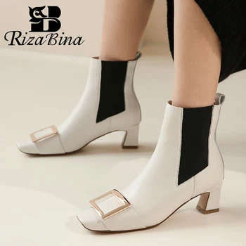 

RIZABINA Women Ankle Boots Real Leather Mixed Color Women High Heel Boots Fashion Women Winter Shoes Footwear Size 34-39