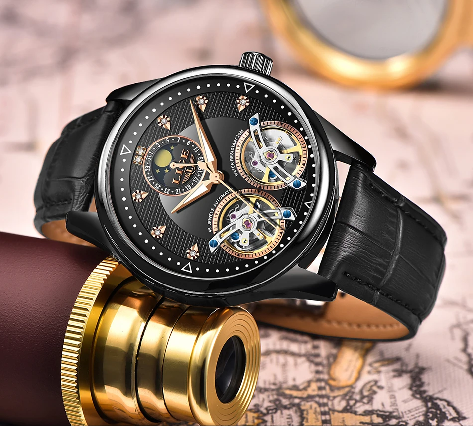 Reloj LIGE, двойной Tourbillon, швейцарские мужские часы, автоматические часы для мужчин, модные механические наручные часы с кожаным ремешком