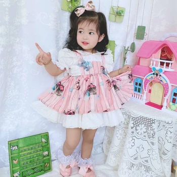 

2PCS Summer Lolita Spanish Princess Bow Ball Gown Dress Turkey Short Puff Sleeves Birthday Party Casual Dress for Bady Girl 0-6Y
