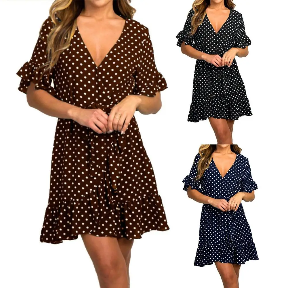 

Summer Women Sexy Polka Dot V Neck Short Sleeve Ruffled Irregular Mini Dress