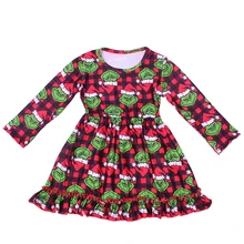 Рождественское Эксклюзивное платье для девочек; платье в клетку с длинными рукавами; цвет черный, красный; цвет молочный; зеленая одежда с оборками и принтом животных;