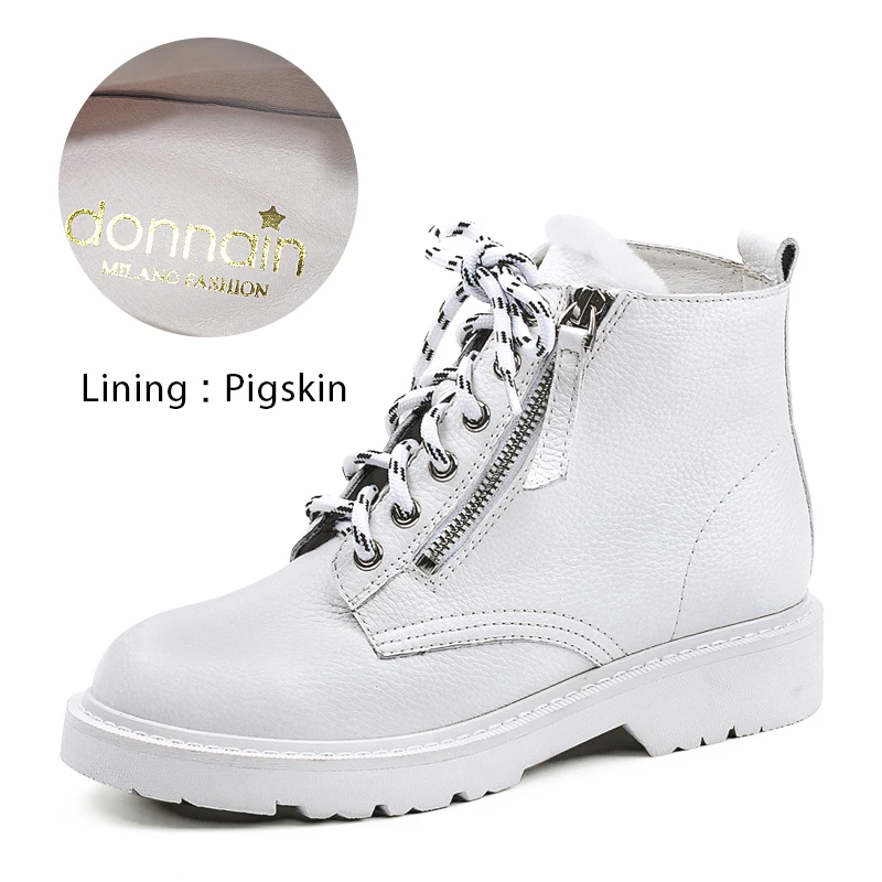 White pigskin lining Donn-in/ г. Новая осенне-зимняя обувь женские теплые ботинки martin из натуральной кожи и меха женские черные ботинки на платформе со шнуровкой - Цвет: White pigskin lining