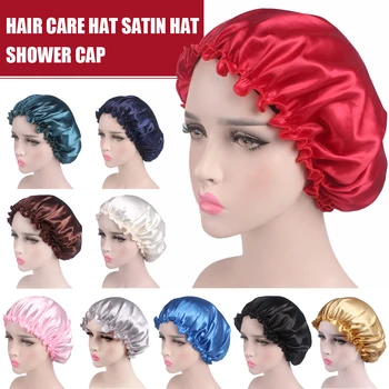 

New Elastic 58cm Fashion Women Shower Cap Satin Night Sleep Cap Shower Cap Hair Bonnet Hat Silk Head Cover Wide Elastic Band#9