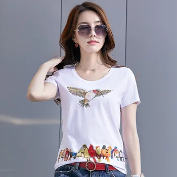 

2020 summer wear new slim short-sleeved women's T-shirt bird round collar versatile top