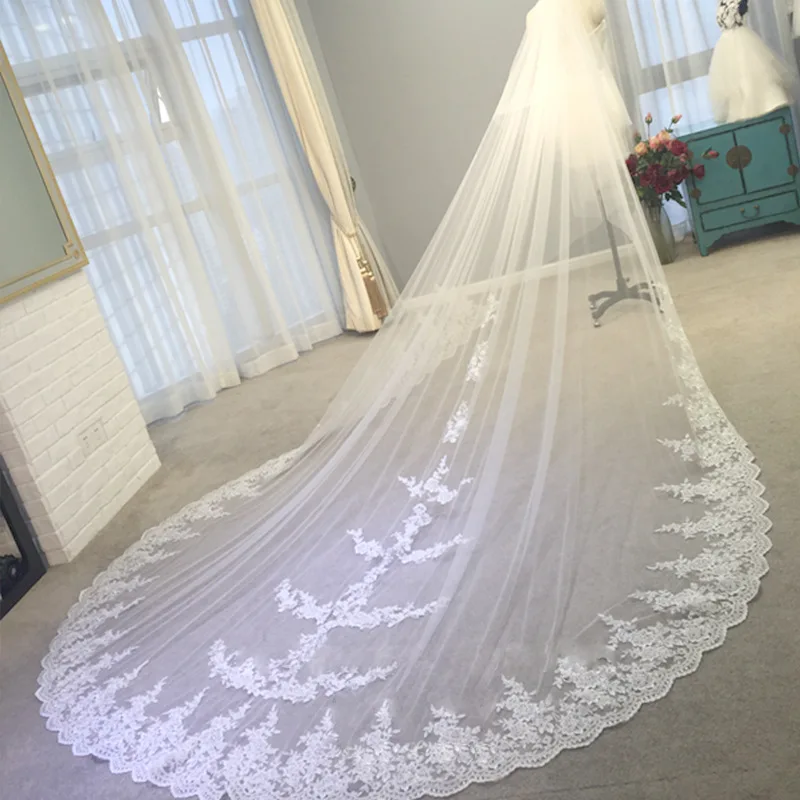 Graceful White Ivory 1T Cathedral Edge Lace Bridal Wedding Veil With Comb 3M 