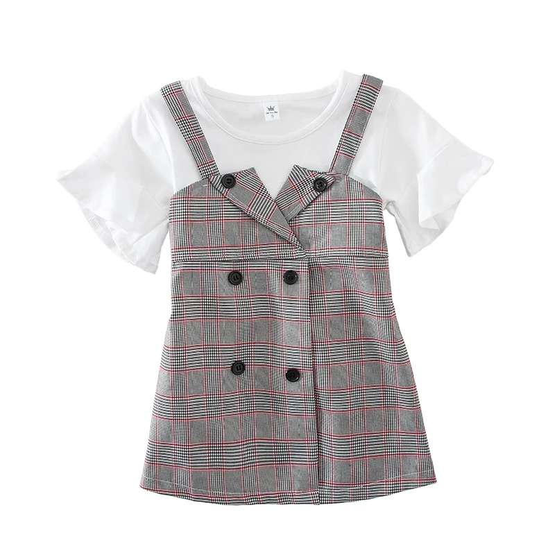 

New Spring And Summer Girls Baby Fake Two Pieces Plaid Short Sleeves Strap Dress Princess Dress Kids Clothes