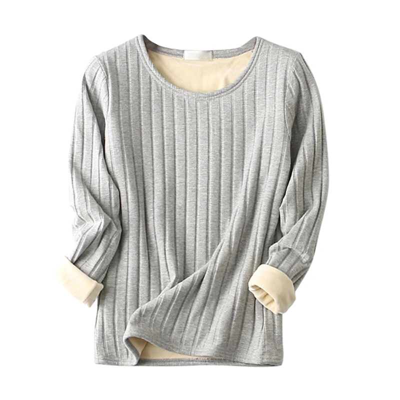 light grey Женское термобелье, зимняя Вельветовая футболка, теплая рубашка с круглым вырезом, женское тонкое повседневное нижнее белье с длинным рукавом, футболка, уличная одежда - Цвет: light grey