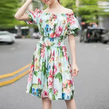 

HIGH QUALITY Newest Fashion 2020 Summer Runway Women's Sweet Short Puff Sleeve Slash Neck Stretch Waist Floral Printed Dress