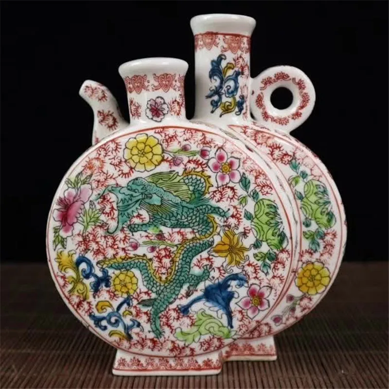 Фарфор Цзиндэчжэнь пастельный дракон и рисунок Феникса плоский горшок ваза