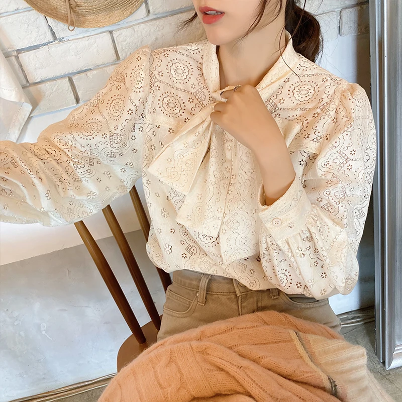 MISHOW Women Spring Summer Bow Neck Lace Blouse Causal Loose Hollow Sweety Lace Shirt Tops MX19D410