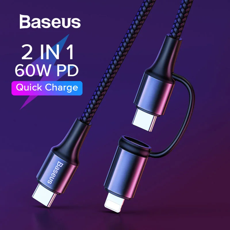 Baseus 60 Вт 2 в 1 type-C для iPhone кабель usb type C для iPhone Xs Max XR X samsung S9 S10 Quick Charge3.0 type C USB кабель