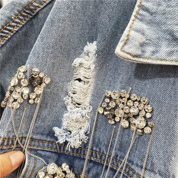 

Spring Autumn New Heavy Chain Diamond Single-row Button Denim Vest Jacket Women Female Trendy Jean Coat Student Loose Streetwear
